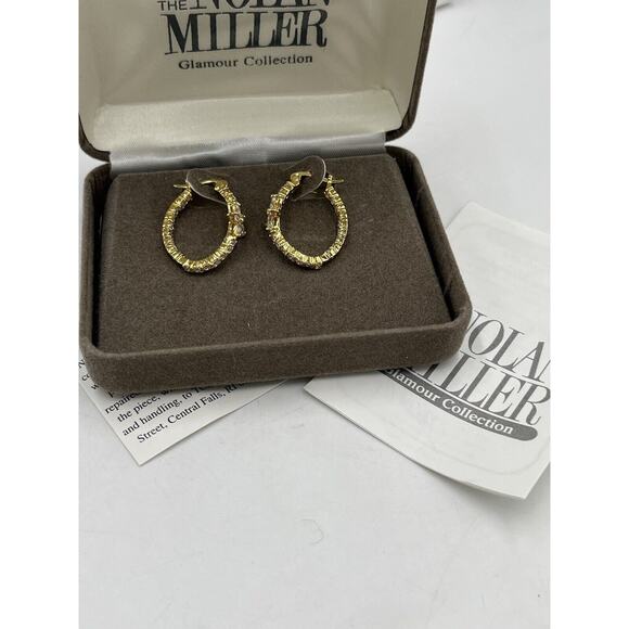 NOLAN MILLER Signed Flower Crystal Clear Bling CZ Gold tone Hoop Earrings New - Picture 11 of 12